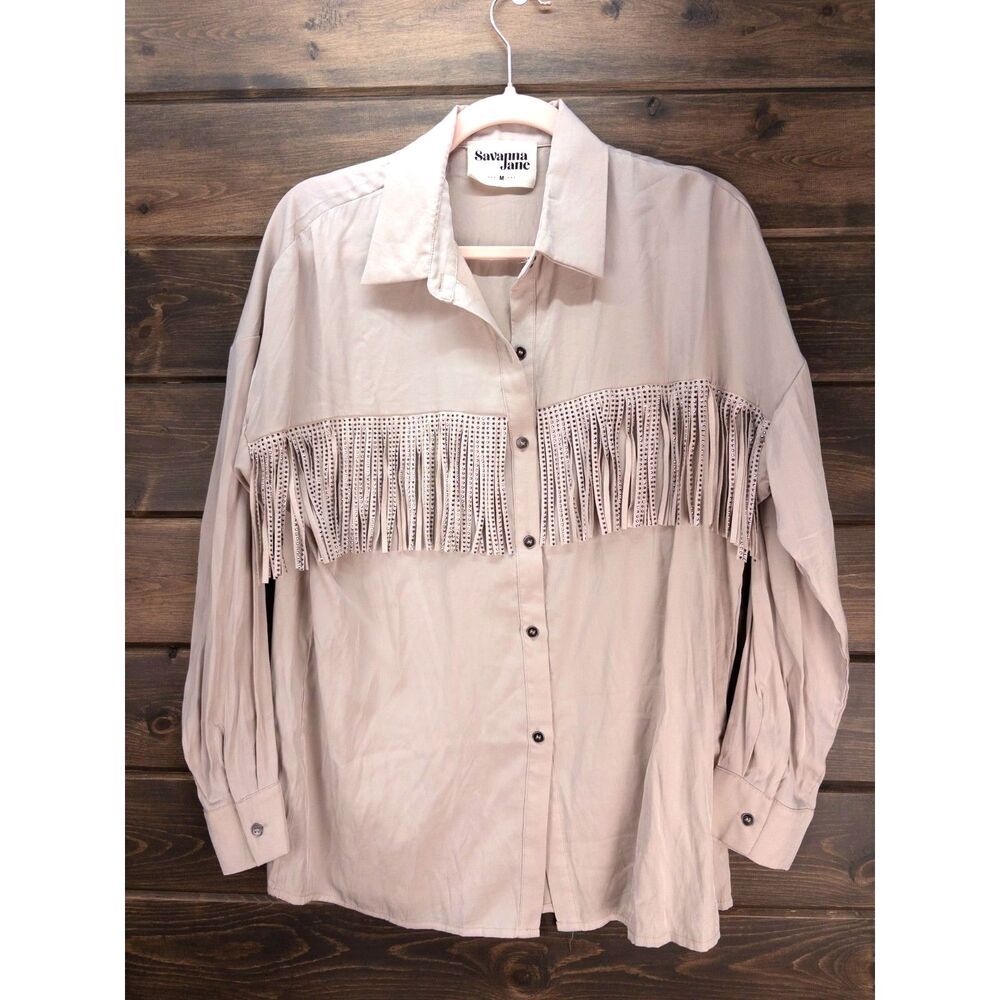 Savanna Jane Western Fringe Button Up Shirt Beige Rhinestone Size Medium Boho